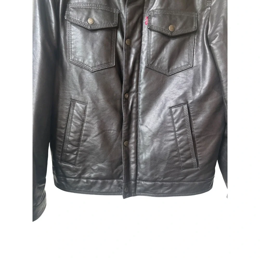 Levis Mens Black Faux Leather Sherpa Trucker Jacket Size S‎ Bomber Full Zip - Picture 4 of 13